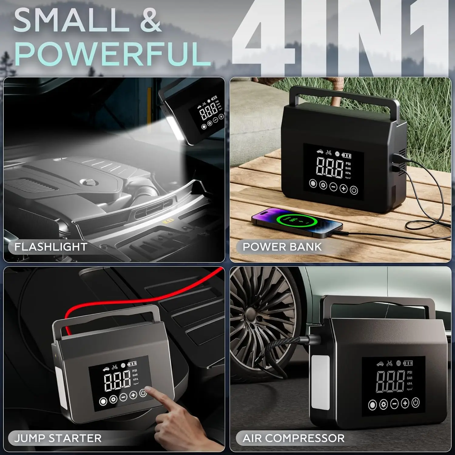 

Портативный стартер 4000А с воздушным компрессором, питание от автомобильного аккумулятора 12 В (все газы, дизельное топливо 8 л) с накачивателем шин 150PSI — горячая распродажа