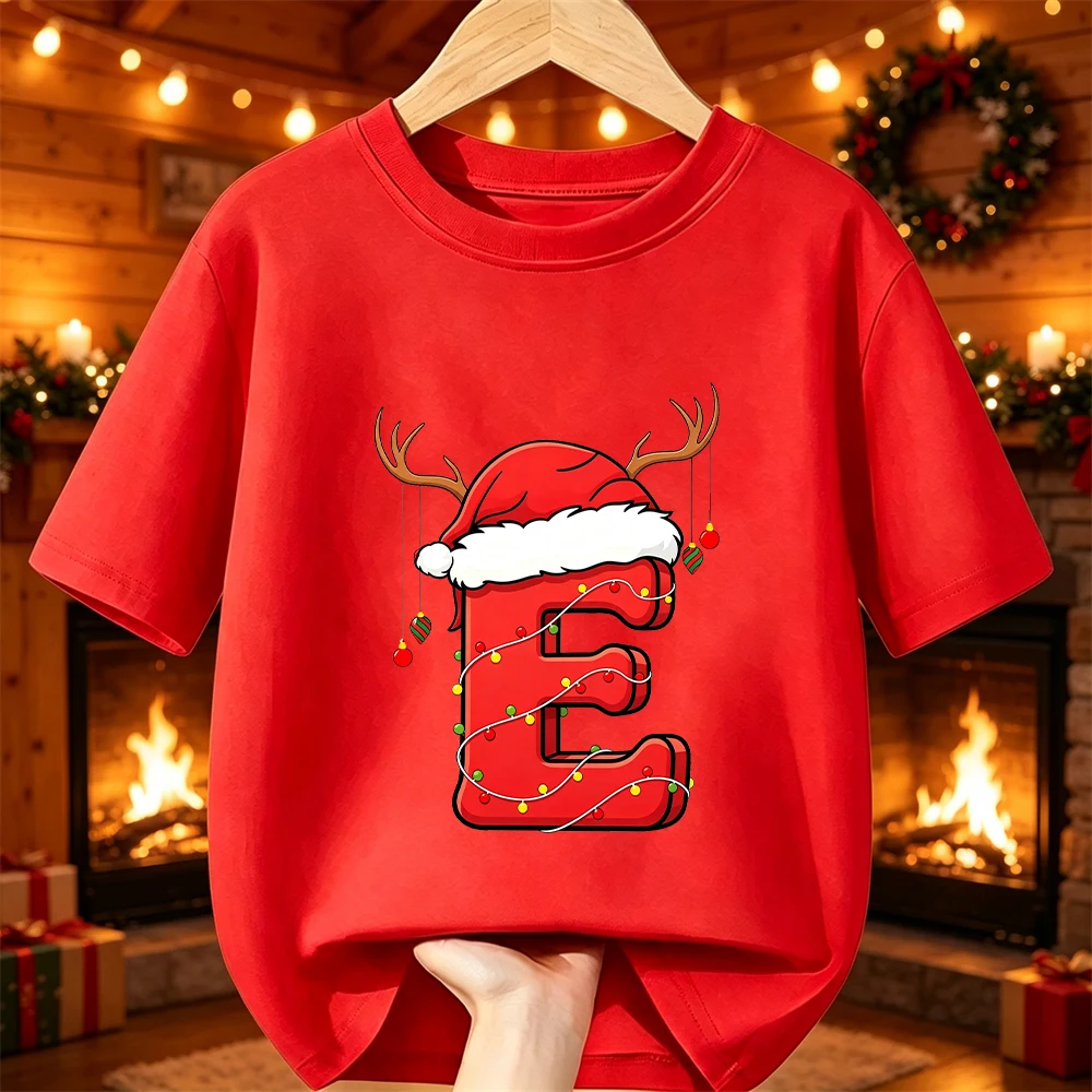 Boys Girls Xmas Party Tee Festive Antler Santa Hat Xmas Light A‑Z 26 Letter Graphic Cotton Short Sleeve Children Casual Clothing