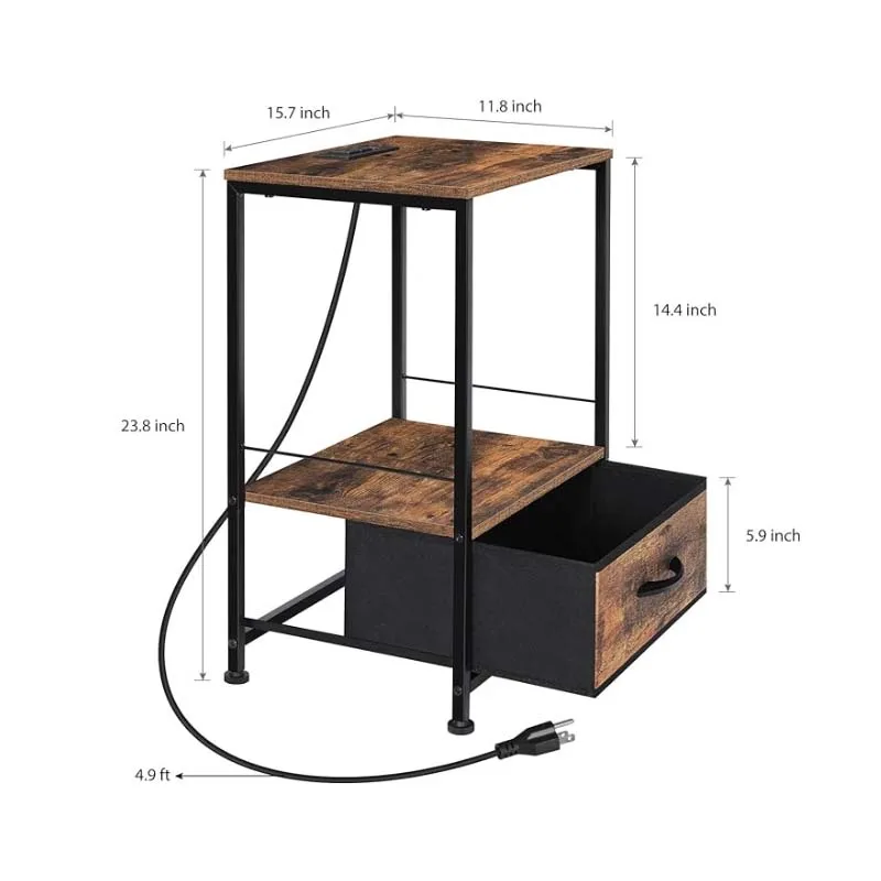 Nachtkastje Met Laadstation, Tafel Met Usb-Poorten En Stopcontacten, Bijzettafel Met Stoffen Lade, Oplaadbare Nachtstandopslag