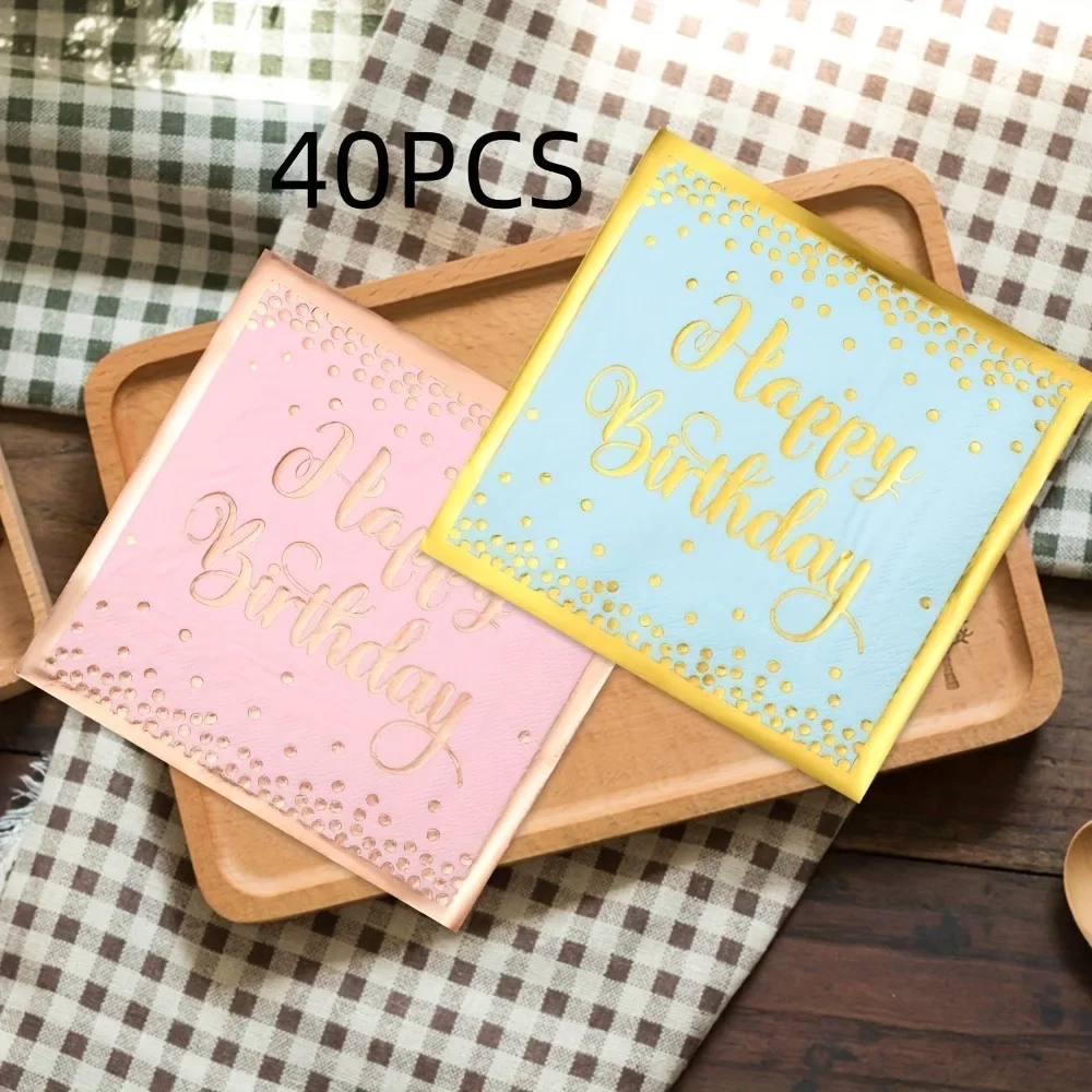 40枚使い捨てナプキンハッピーバースデーゴールドホットスタンピング紙プレースマット誕生日パーティーディナーテーブルレイアウト装飾用