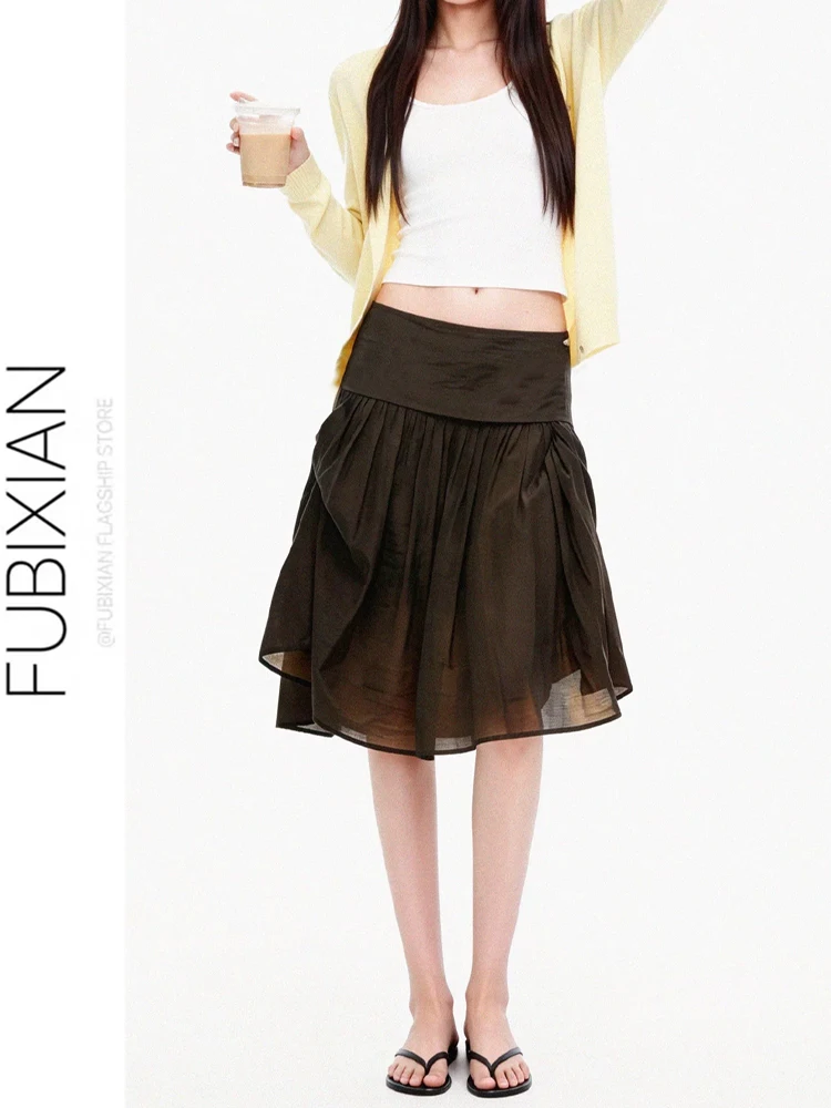 Lightweight Vacation Folded Knee-Length Half Skirt for Women Beautiful Casual Slimming Skirt High Waist A-Line Summer New Brown