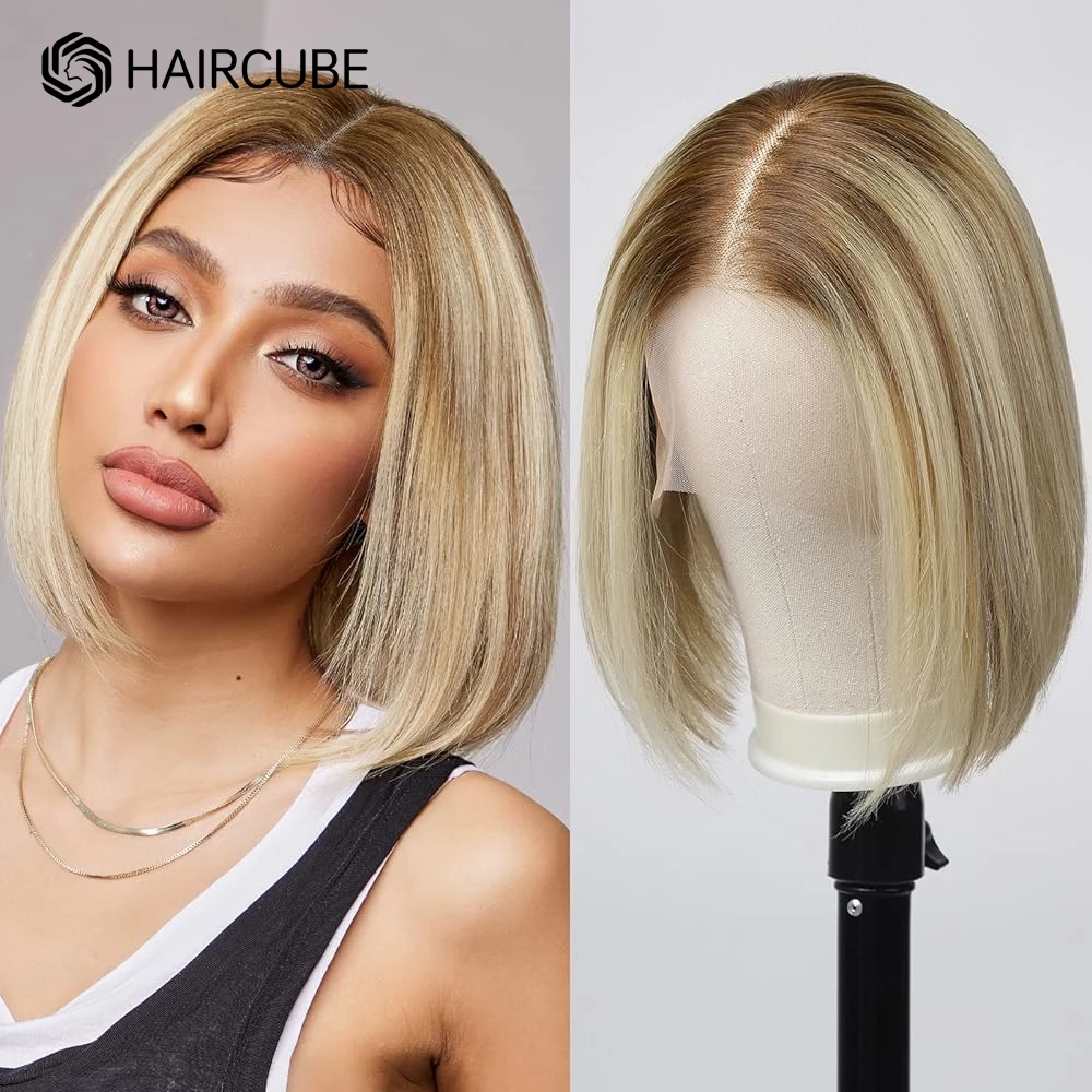 Lace Front Human Hair Wigs Blonde Mixed Brown Short Straight Human Hair Lace Wigs for Women Daily Pre Plucked Lace Frontal Wigs