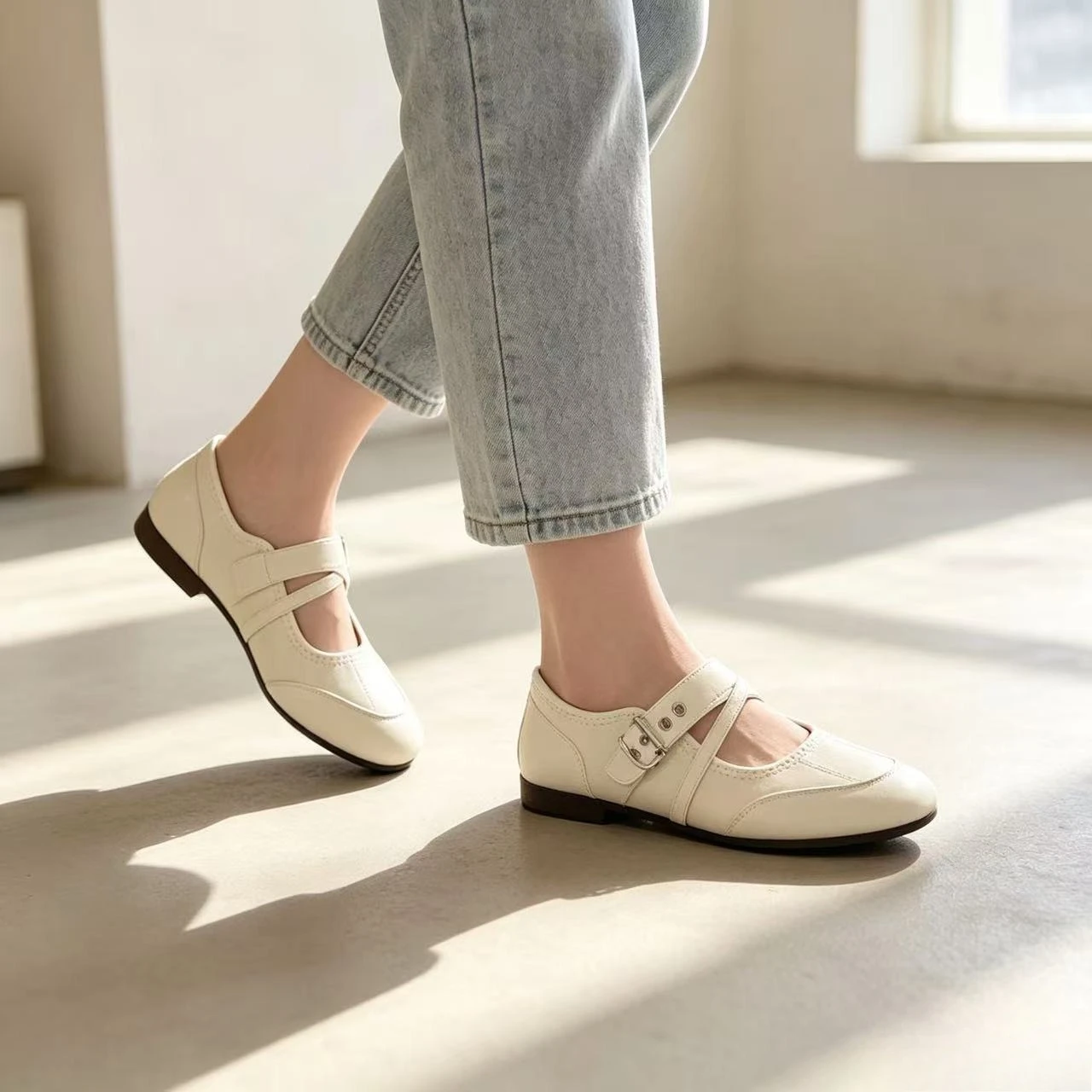 Ladies Mary Jane Flats White Cross Buckle Flats Ladies Round Head Soft Leather Casual Ballet Shoes Daily Wear view 4