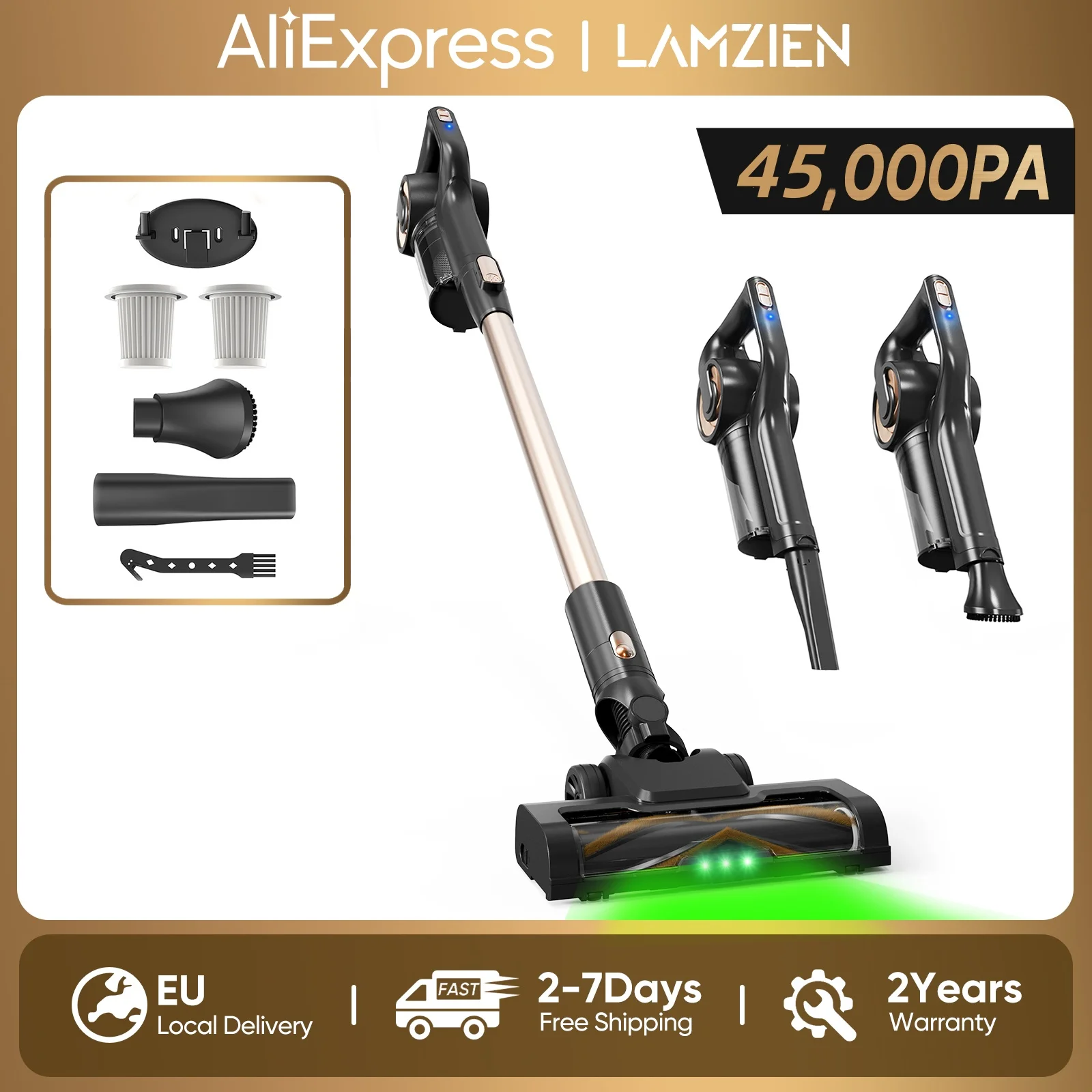 Aspirateur sans fil LAMZIEN V9PRO, 45000PA/40 min d'autonomie, filtration HEPA efficace, avec phare LED vert, brosse anti-enchevêtrement en forme de V pour sols durs, tapis et poils d'animaux.