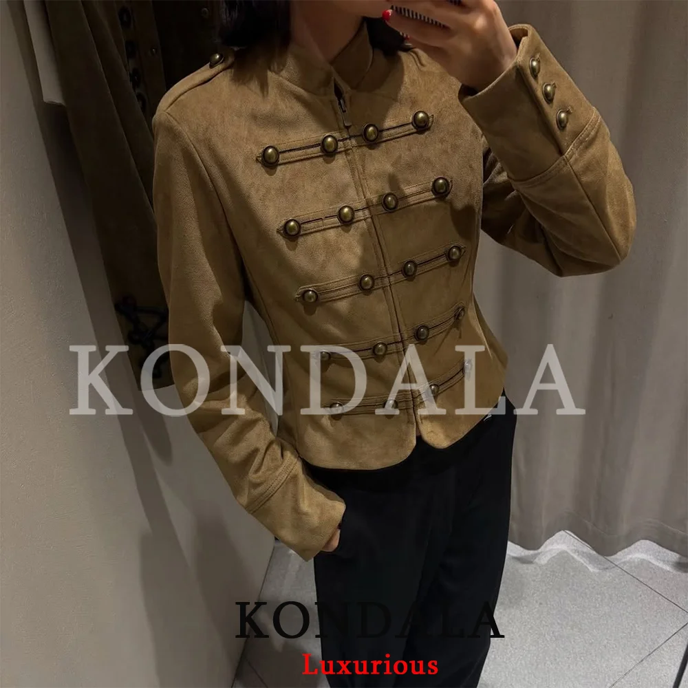 KONDALA Streetwear Vintage Chic Wildleder Khaki Damenjacke mit Knotenknöpfen, Reißverschluss, Langarm, Mode 2026 Herbst-Winter-Jacke – Detail 2