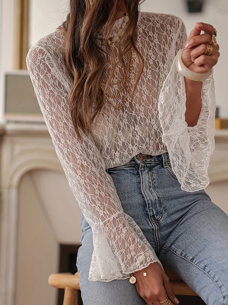 

Women 2025 Spring Autumn Vintage Long Flare Sleeve Blouses Sexy See Through Ladies Shirt Top Turtleneck Loose Pullovers Blusas