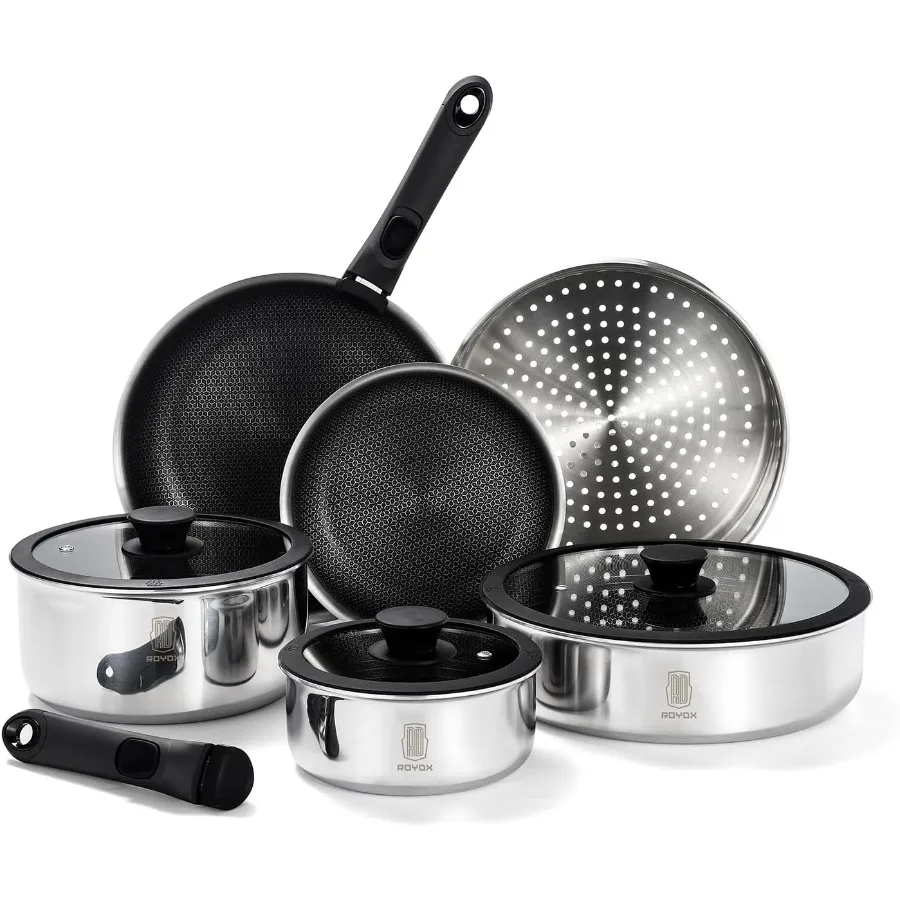 

New Model Hybrid Nonstick Cookware Set 19-Piece Stainless Steel Pots and Pans Set with Removable Handles Ideal for Compact Kitc