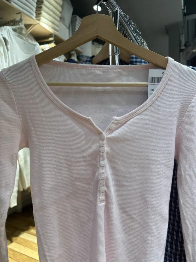 

Pink Six Buttons Ribbed Long Sleeve T-shirts Women Spring Round Neck Cotton Slim Tee Top Female Cute Sweet Tshirt Y2k Tops New
