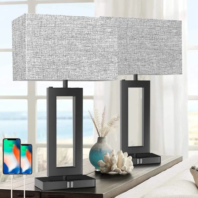 

22’’ Tall Set of 2 Touch Control Table Lamp w. 2 USB Ports, 3-Way Dimmable Modern Bedroom Bedside Touch Lamps w. Fabric Shade