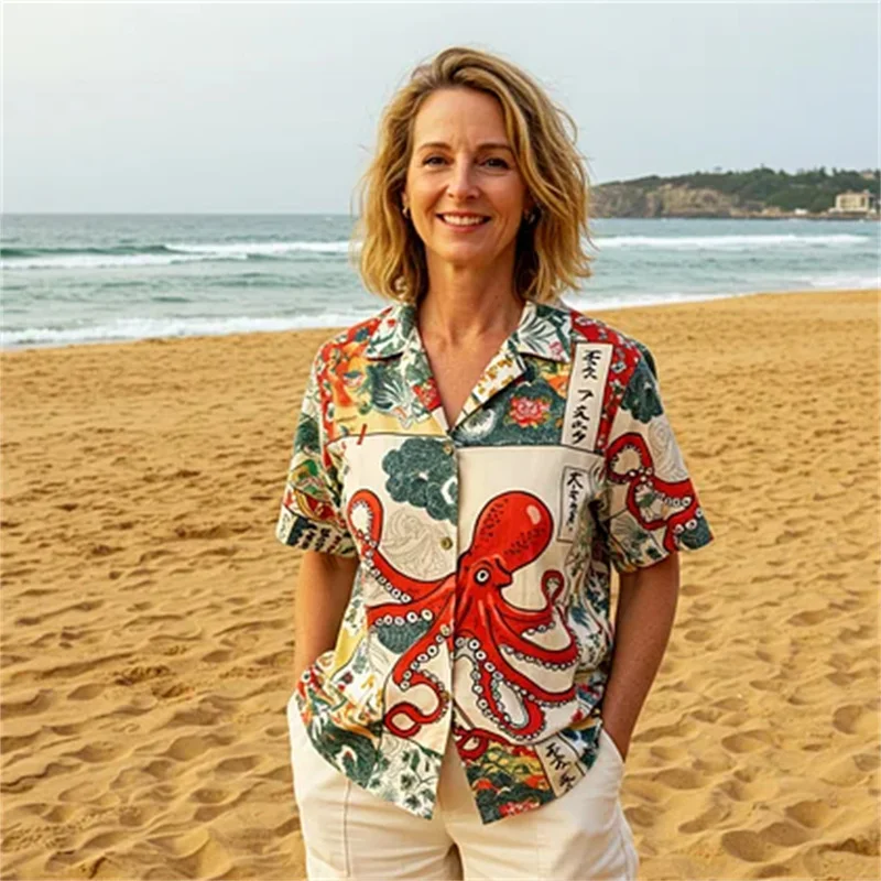 

2026 Cuban Leading Trendy Octopus Printed Ocean Shirt, Men's and Women's Short sleeved Shirts, Fashionable and Comfortable, Casu