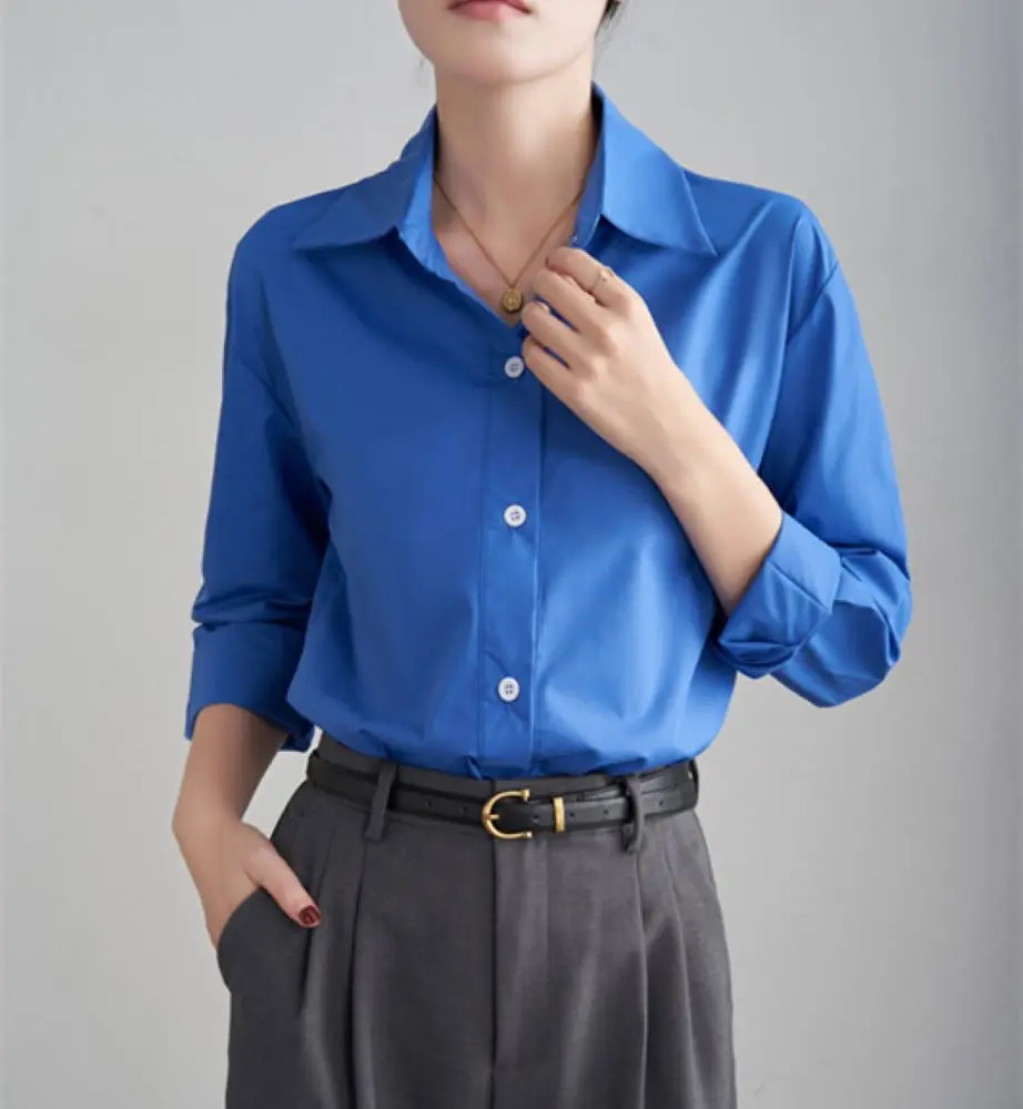 Women's Blue Shirt Spring And Autumn Long Sleeve Solid Color Casual Outdoor Top Korean Style Blouses For Ladies Fashion Shirts