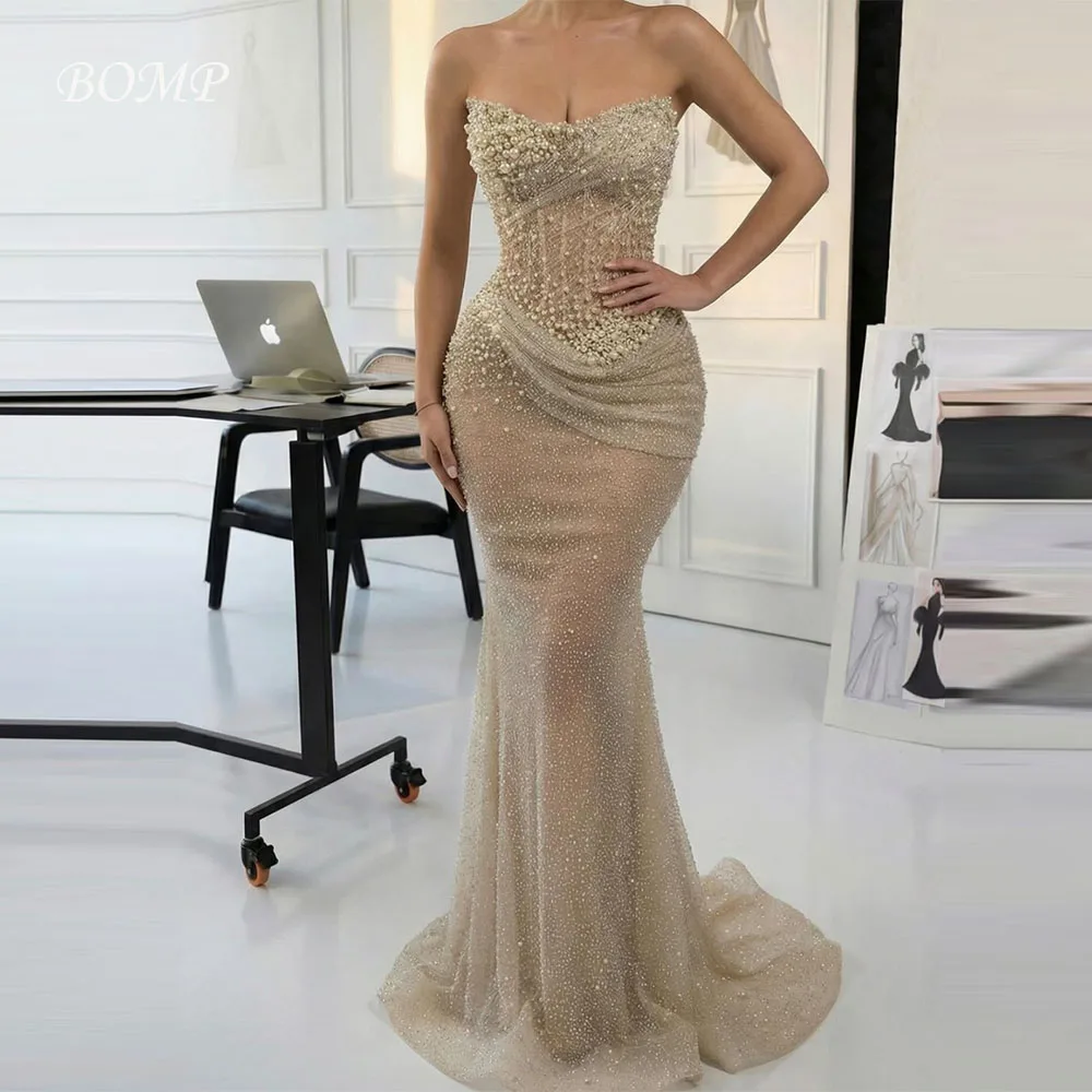 

BOMP Luxurious Evening Dresses Glitter Prom Dress Mermaid Beaded Party Dress for Women Pearls Arabic Women Prom Customized