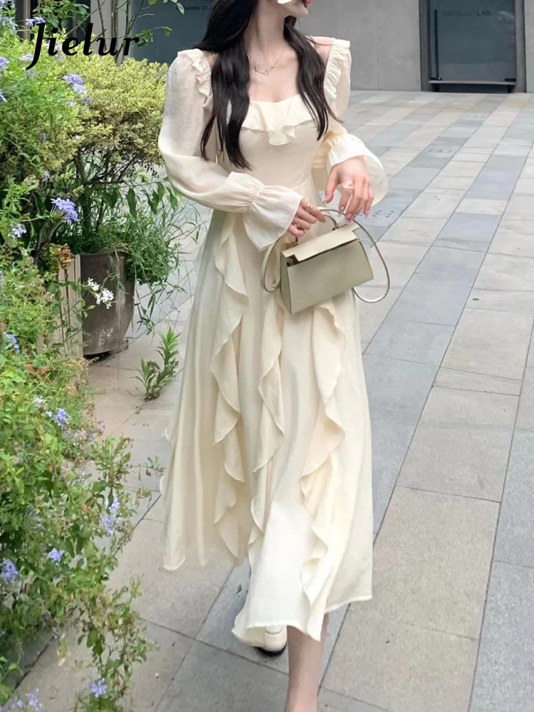 

Jielur Autumn Beige Pure Color Midi Dress Woman Beach Style Long Sleeve Elegant Dresses Casual Party Korean Fashion Dress Design