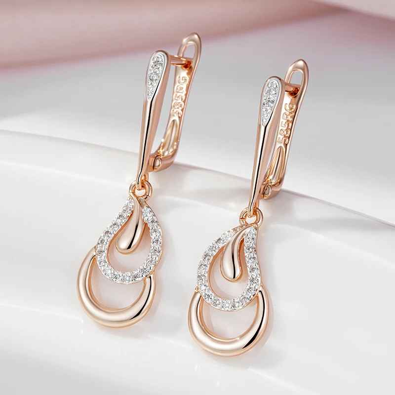 SYOUJYO luxe longue 585 Rose doré boucles d'oreilles pour les femmes couleur argent bijoux fête mariée mariage boucles d'oreilles Zircon naturel