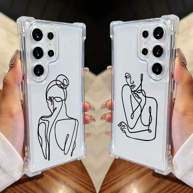 

Minimalist Female Body Wire Art Phone Case For Samsung Galaxy S25 FE S24 S23 S22 S21 Ultra S20 Plus Note 20 10 S25FE Clear Cover