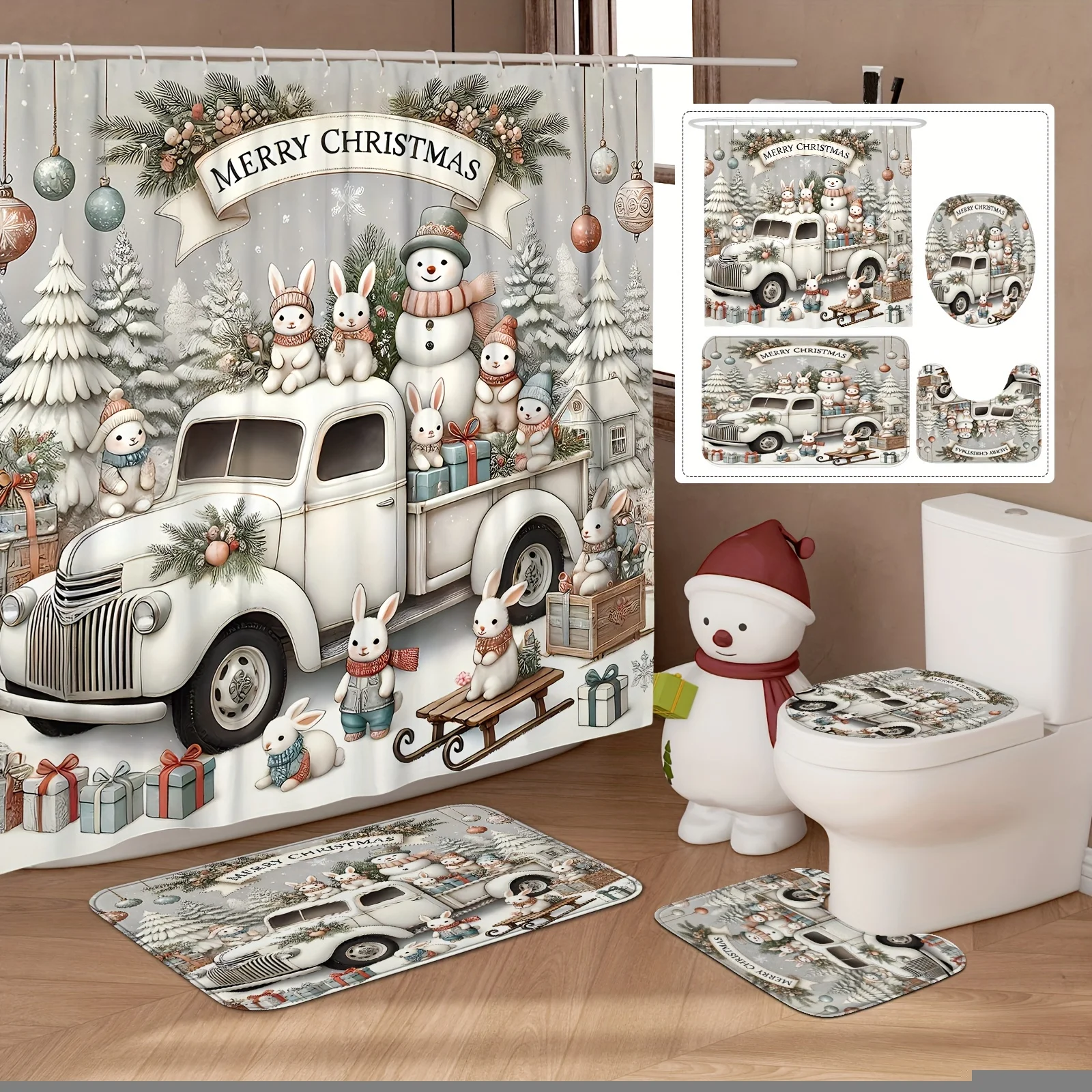 

Рождественский зимний набор для ванной из 4 предметов, дизайн грузовика-снеговика-кролика, белая занавеска, праздничный домашний декор, крючки, нескользящий коврик, U-образная крышка для унитаза