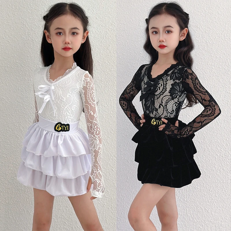 

Girls Lace Sleeves Latin Dance Clothing Children Ballroom Dance Dresses Kids Chacha Latin Dance Competition Costume SL13896