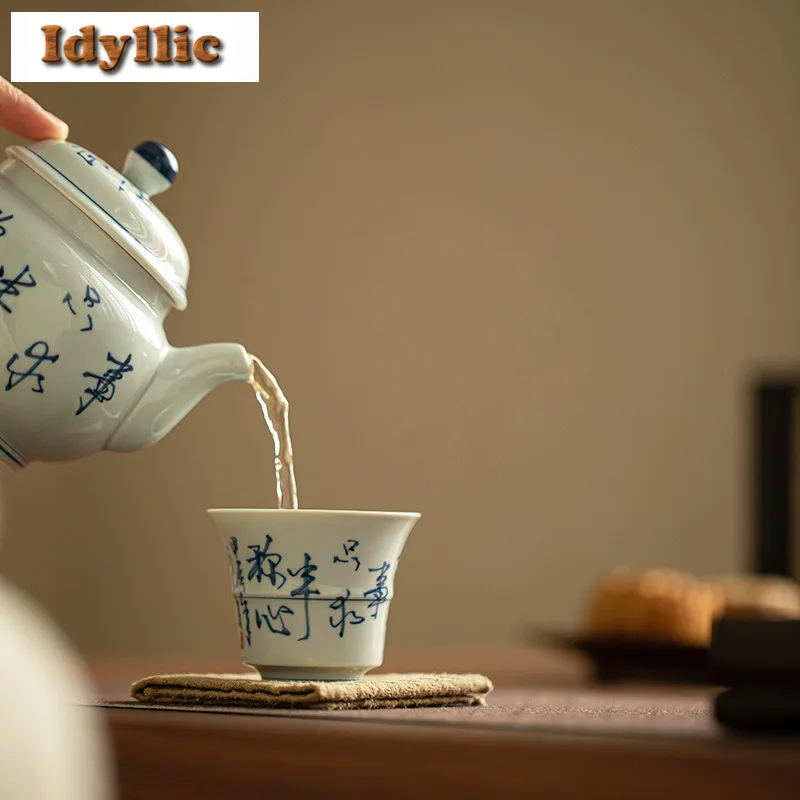 Handwritten Calligraphy Antique Blue And White Teacup Ancient Tea Bowl Mug Tea-tasting Personal Cup Jianzhan Master Cups Craft