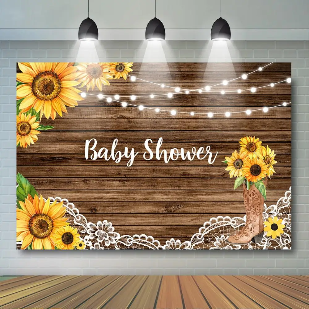 

Mocsicka Rustic Sunflower Baby Shower Backdrop Sunshin Baby Shower Decor Banner Sunflower Wooden Lights Boots Background