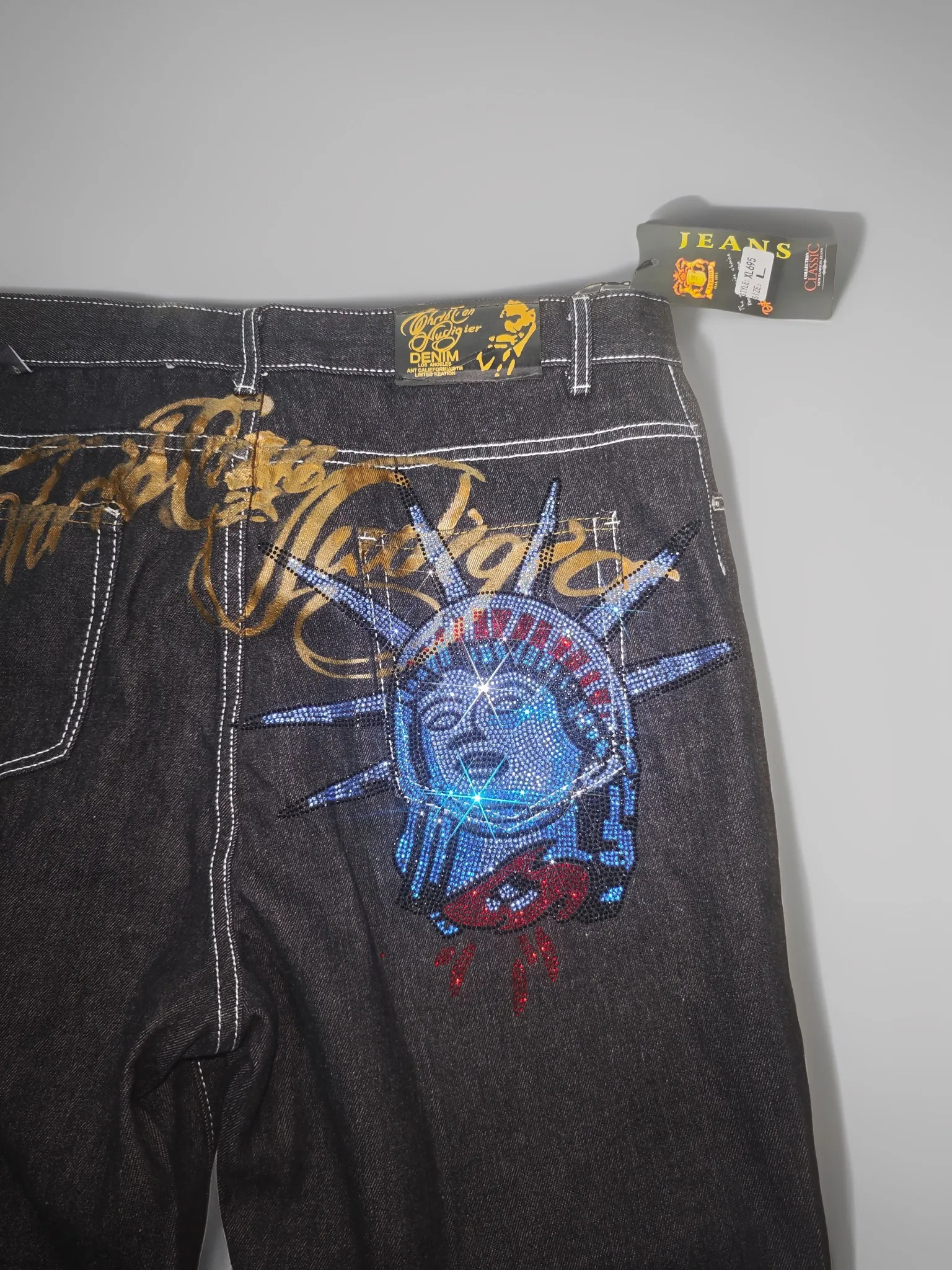 

Статуя Свободы Джинсы с блестящими бриллиантами Повседневные джинсовые брюки с низкой талией Прямые широкие джинсы Harajuku Ретро Y2k Женская одежда