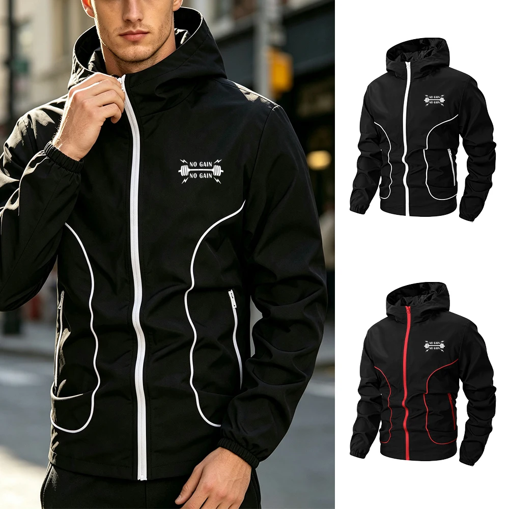 Men's Weightlifting Slogan Print Windproof Jacket Windproof Warmth Multi Pocket Zipper Hooded Outerwear Autumn Casual Sportswear