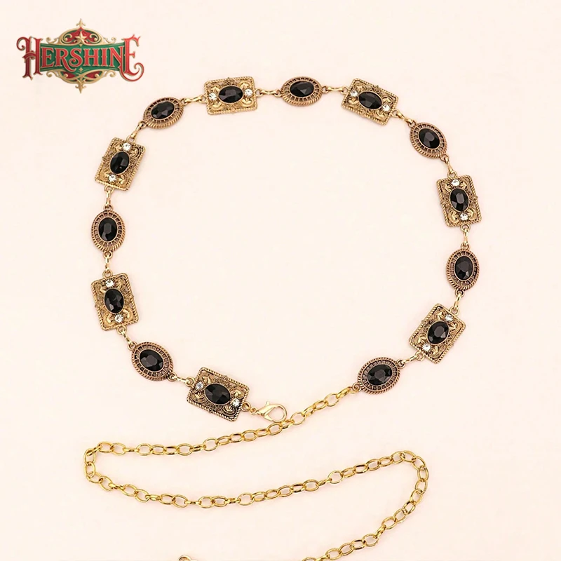 HERSHINE Damski modny łańcuszek na talię z ażurowym wzorem i czarnymi cyrkoniami, akcesoria do sukienek w stylu boho retro na Boże Narodzenie