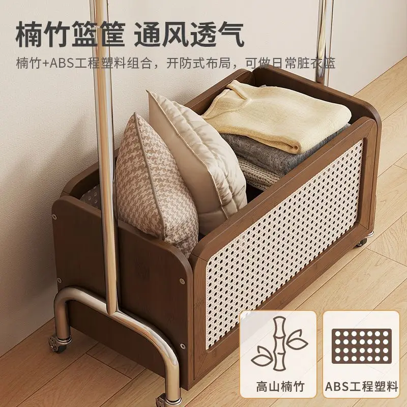 Rattan multifunctional clothes rack floor-mounted vertical clothes rack movable home bedroom clothes storage rack saves space.