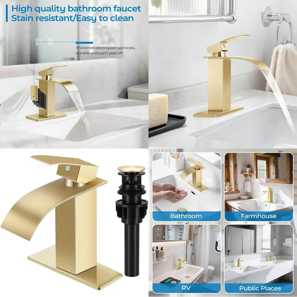 

Modern Single Handle Brushed Gold Bathroom Faucet with Pop-up Drain and Deck Plate for 1 or 3 Hole Sinks