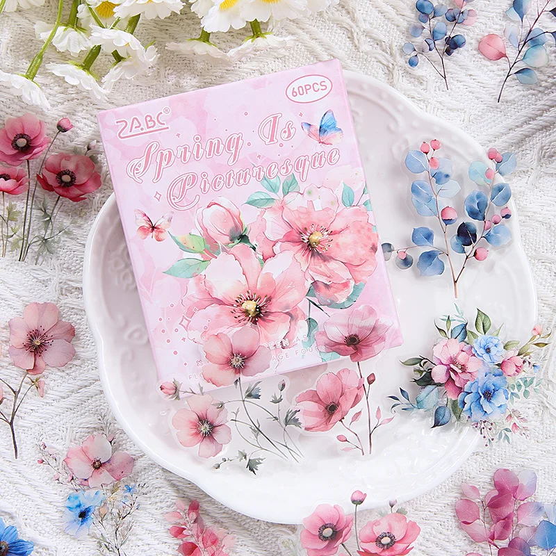 6 styles 60 pcs/box Four seasons of flowers series Flower theme sticker Scrapbooking Material Diary Album Junk Journal Supplies