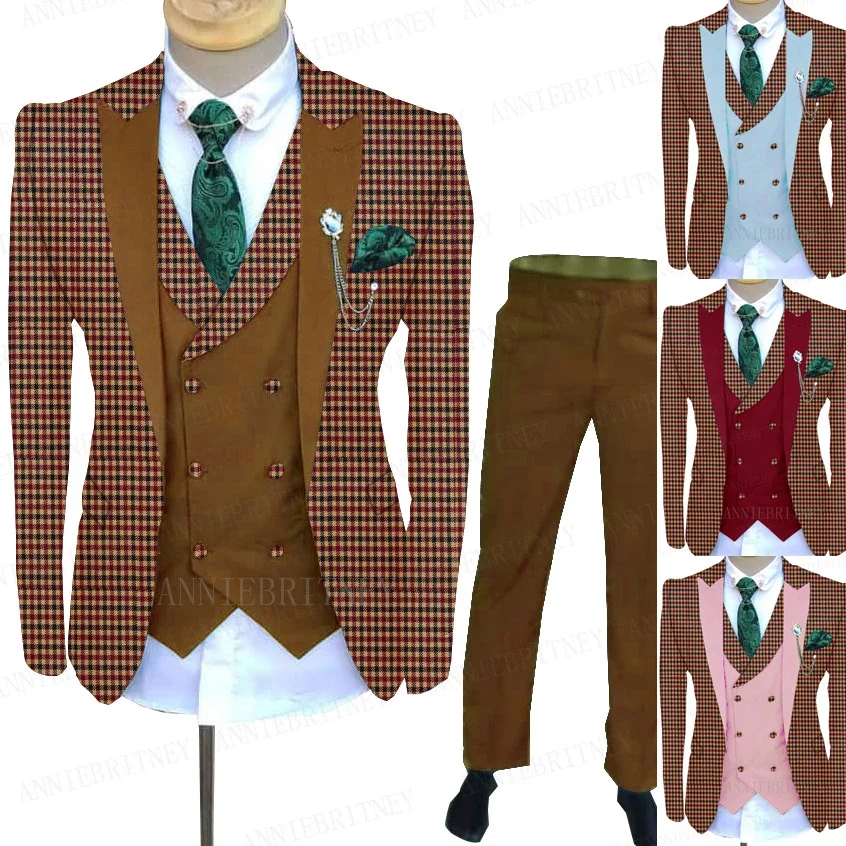 

Brand New Designs Burgundy Plaid Suit Men with Brown Vest Pants Custom Slim fit Blazer Formal Groom Wedding Dinner Dress Tuxedo