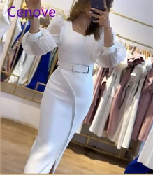 Cenove  Arab Dubai White Tight Prom Dress Long Sleeves With Sash Evening Summer Elegant Party Dress For Women 2023