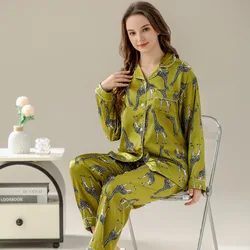 Spring and Autumn New Women's High-Grade Ice Silk Pajamas Homewear Suit Women's Summer Cartoon Long-Sleeved Homewear Suit