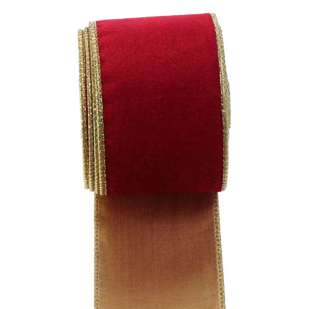 10 Yards 2.5 Inch Wide Velvet Ribbon Velvet Red Christmas Ribbon Green Golden Edge Wired Ribbon for Wedding