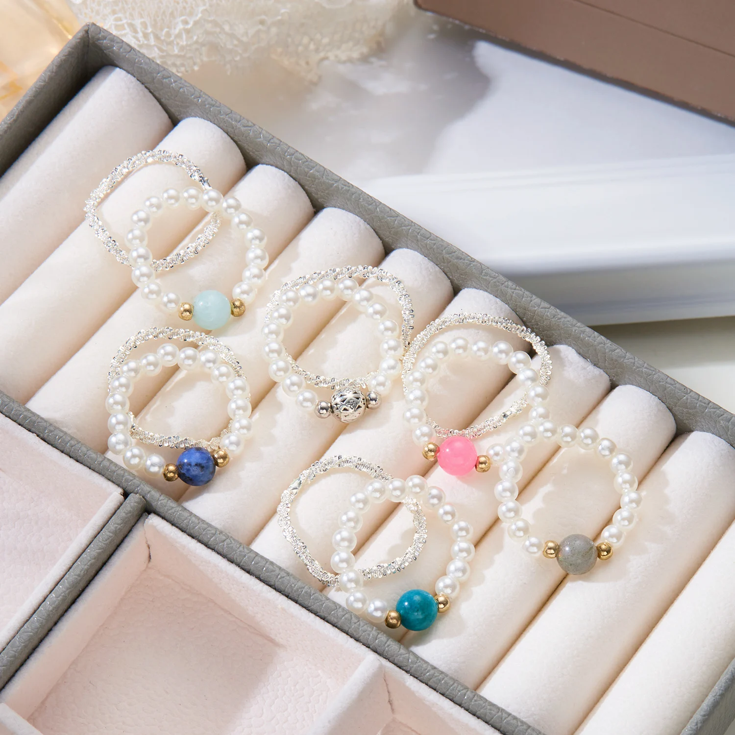 2Pcs White Round Imitation Pearl Beaded Sparkling Rings Set Women Girls Korean Fashion Knuckle Finger Ring Aesthetic Jewelry