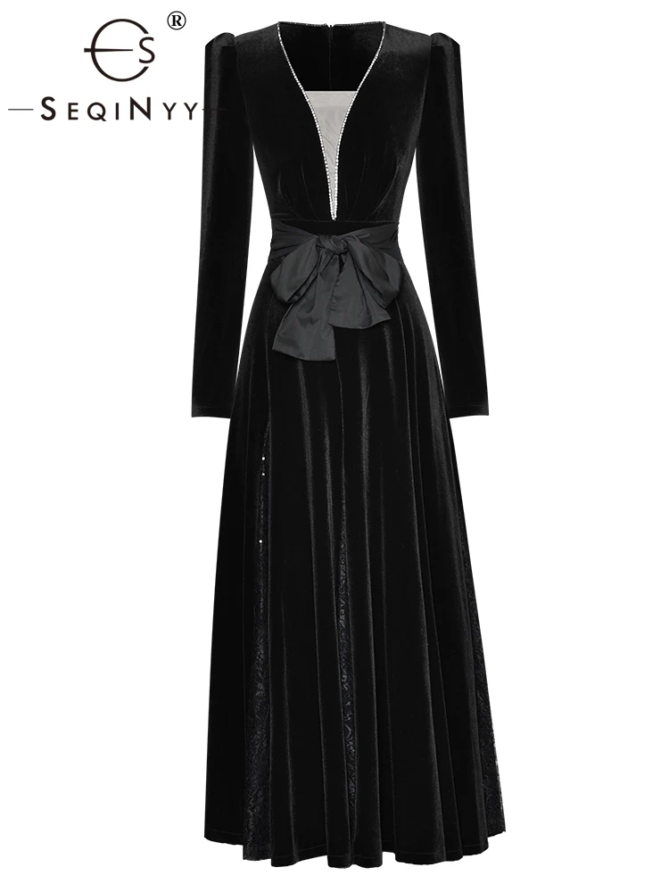 SEQINYY Elegant Party Dress Spring Autumn New Fashion Design Women Runway High Street Beading Mesh Lace A-Line Velvet Midi