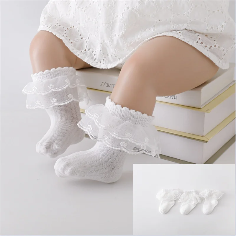 0-5 Years 3 Pairs/Set Newborn Lace Socks Summer Thin Cotton Mesh Short Socks White Lace Ruffle Frilly  Girls Princess Sock