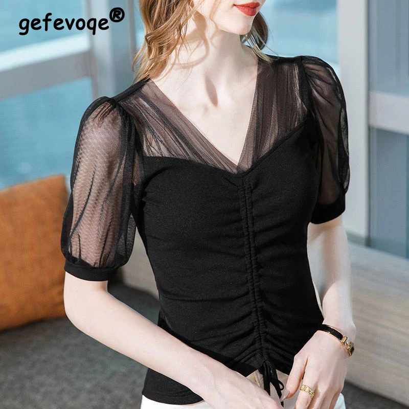 

Women Sexy Sheer Mesh Ruched Lace Up Elegant Fairy Basic T Shirt Summer Korean Fashion Black Slim V Neck Short Sleeve Tops Ropa