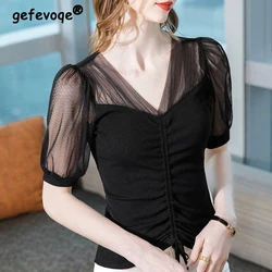 Women Sexy Sheer Mesh Ruched Lace Up Elegant Fairy Basic T Shirt Summer Korean Fashion Black Slim V Neck Short Sleeve Tops Ropa