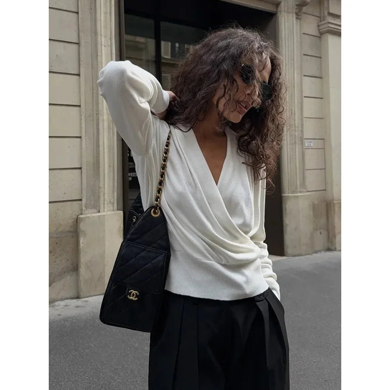 Autumn Fashion Knitted Top Women Solid Cross V-neck Long Sleeve Elegant Versatile T-shirt Minimalism Lady Knitwear Tops 2026