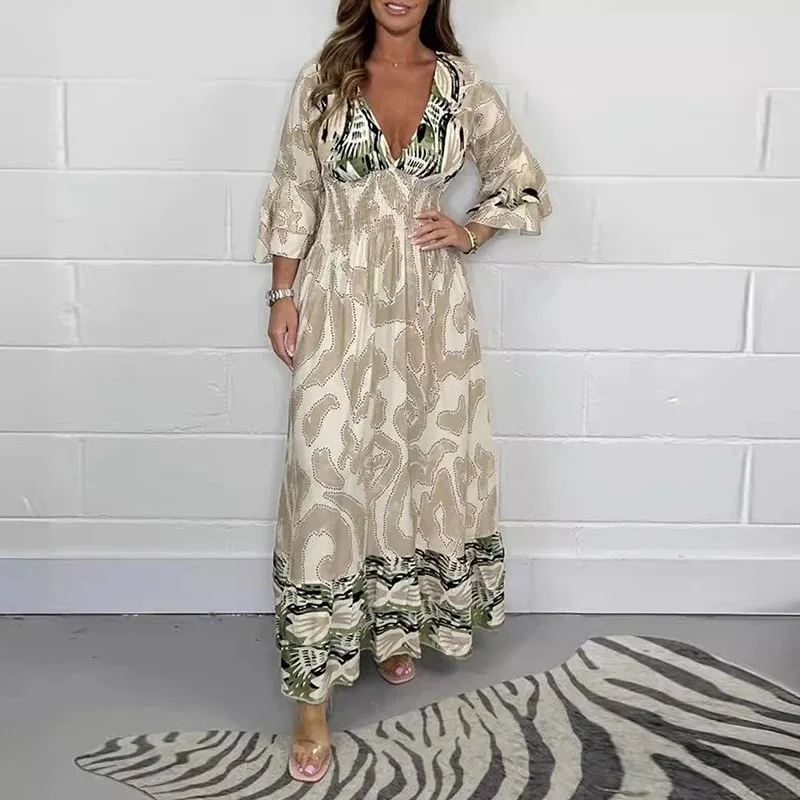 Vintage Ladies Elegant Leopard Print Spliced Trumpet Sleeve Long Dress Spring Elegant V Neck A-Line Pullover Holiday Dresses