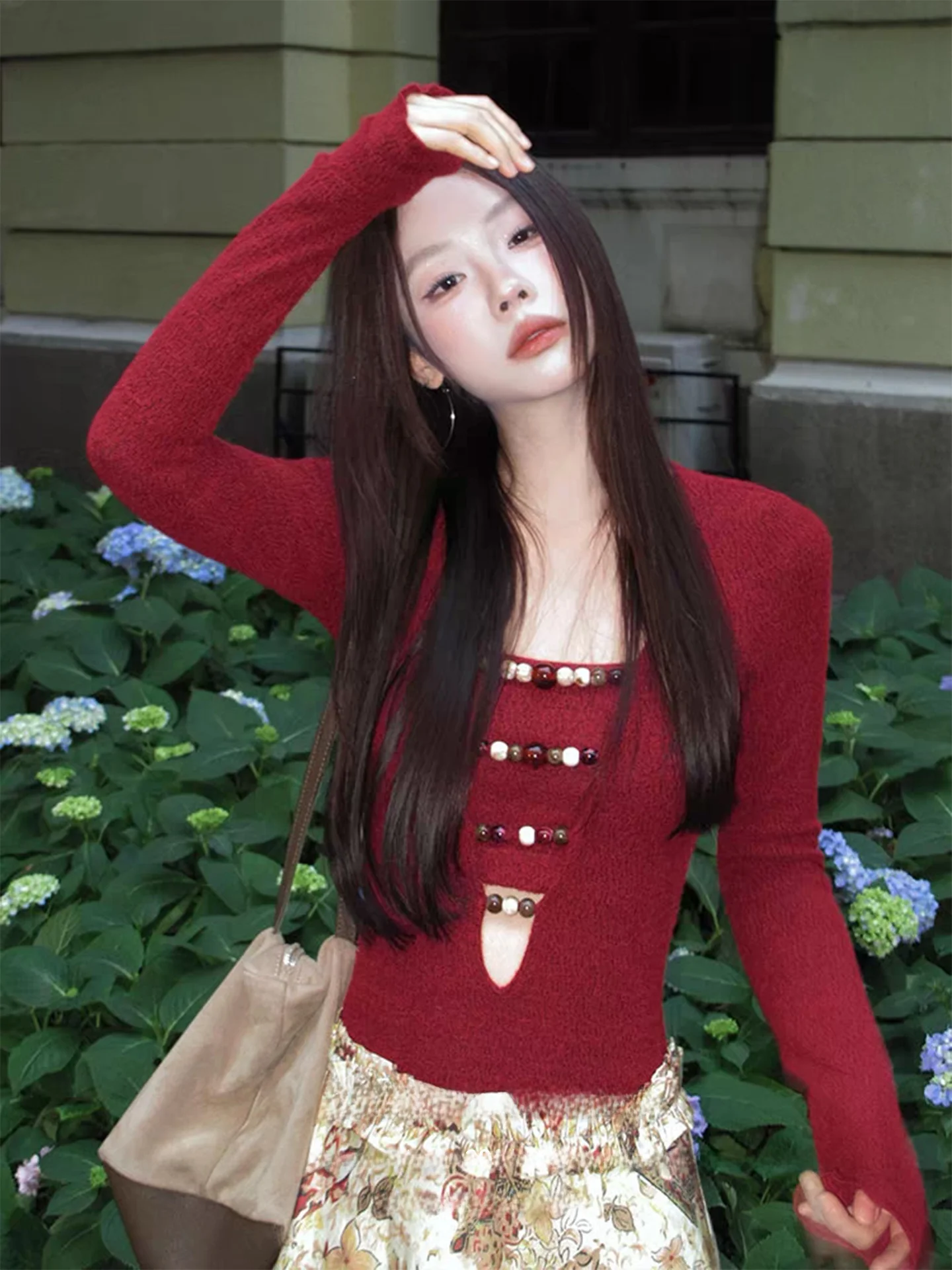 

Red Deep V-Ne Knitted Sweater Women's Early Spring Bead Middle-Aged Sle Inner Wear Tube Top Tank Two-Piece Set New Year