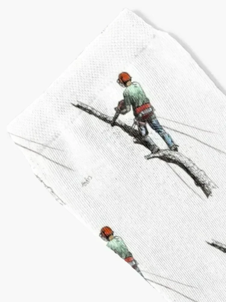 Arborist Tree Surgeon topping out using a chainsaw . Socks Hiking boots floral short Socks Men's Women's