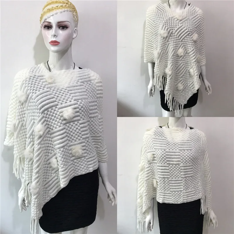 

2022 Spring Autumn New Wool Ball Sweater Warm Women Cloak Shawl Outer Coat Fashion Cloak Leisure Lady Poncho Caps White