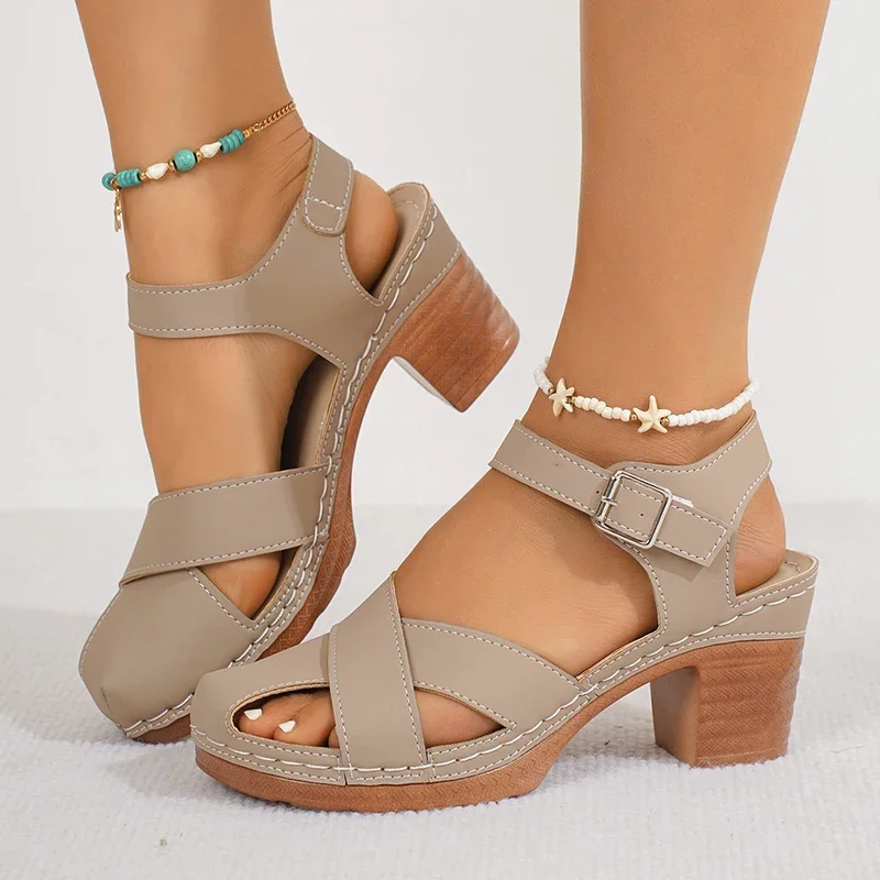 

Women Shoes Closed Toe Thick High Heel Sandals Women Summer Ankle Buckle Beach Sandles Woman Anti-Slip Platform Sandalias Mujer