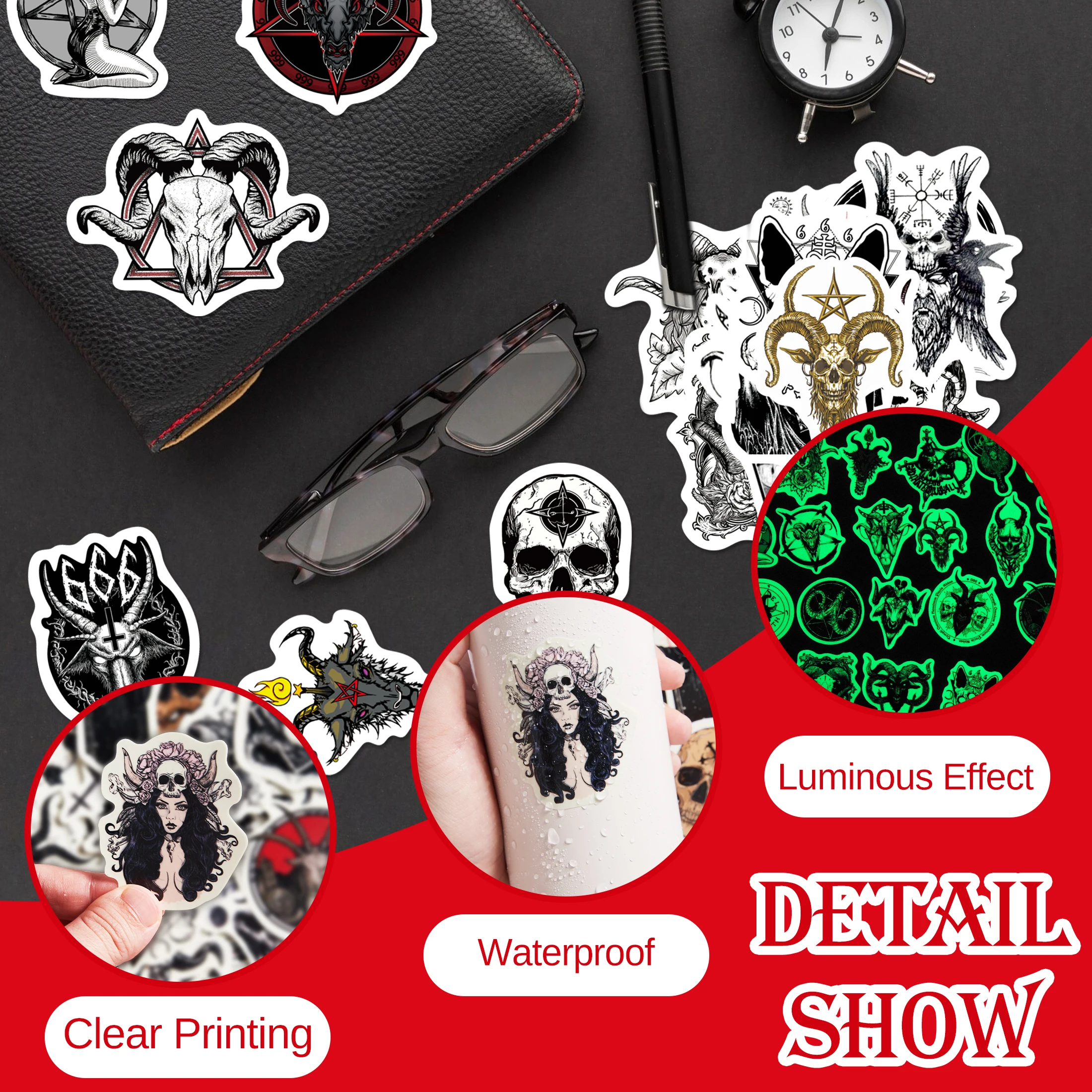 Glow in The Dark Stickers , 51 PCS Skull Evil Satan Waterproof Sticker Laptop Skateboard Phone Case Diy Decoration For Kid Toy