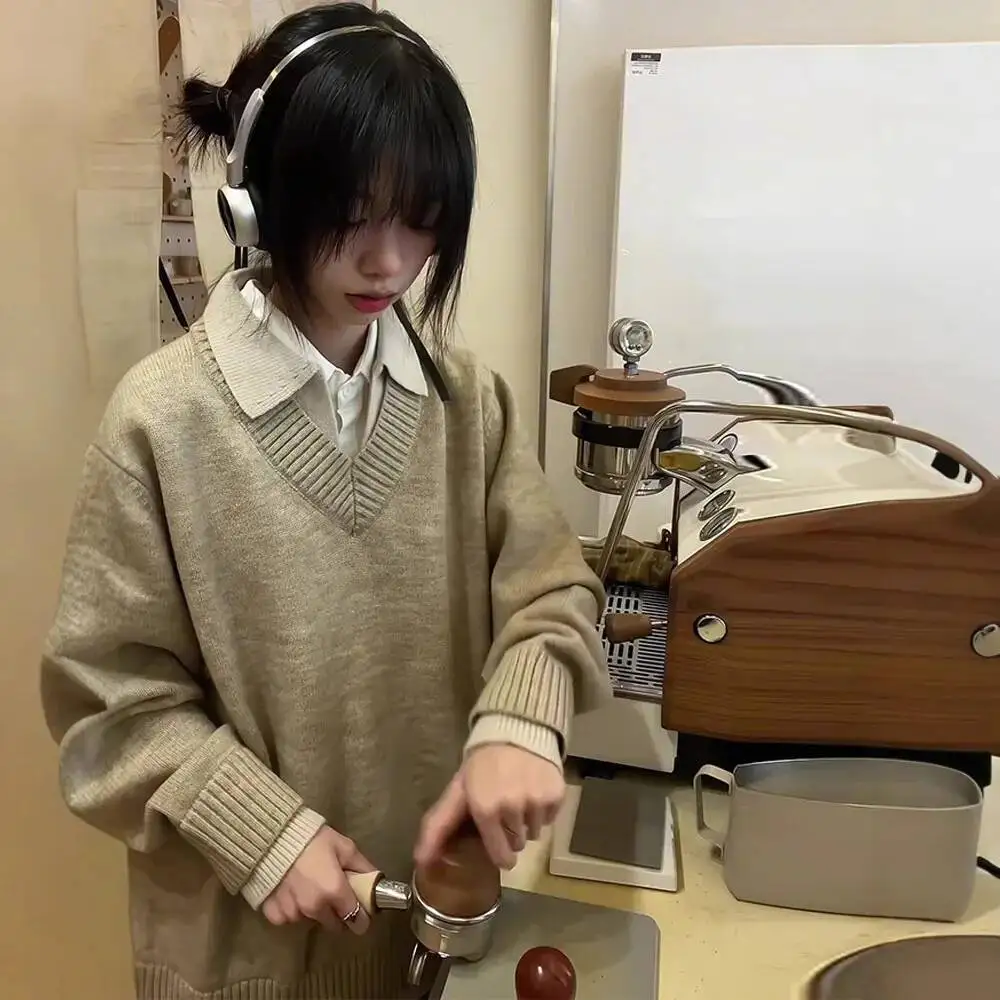 2026 Spring Men's Women Winter Vintage Fake Two Piece V Neck Sweater Lapel Style Knitting Top Outerwear