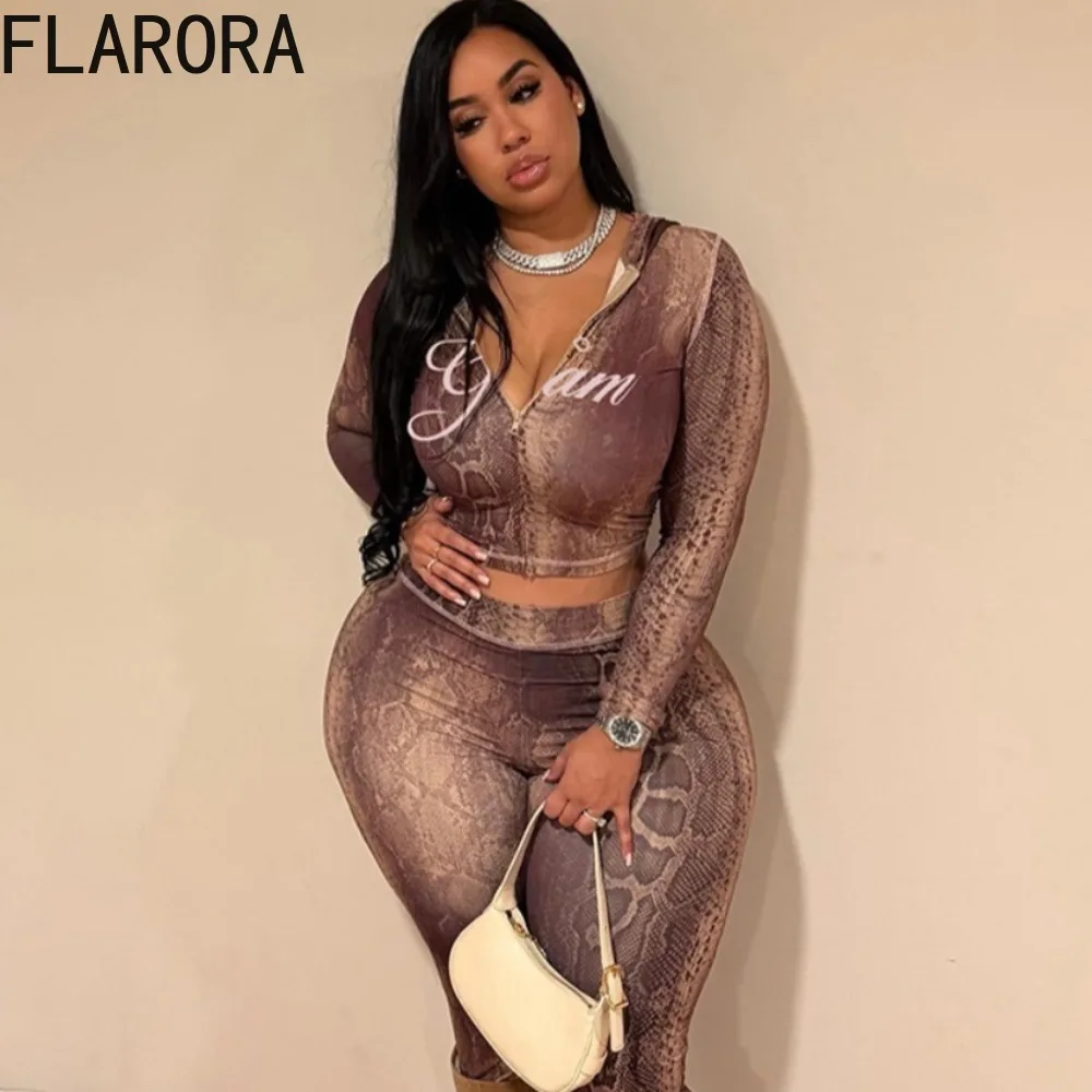 FLARORA موضة رسالة الأفعى طباعة رياضية 2 قطعة مجموعة امرأة البريدي سليم صالح المحاصيل الستر + السراويل الخريف تمتد ملابس الشارع الشهير #1