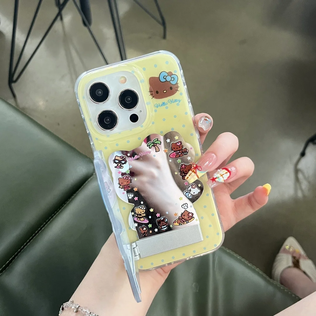 

Bikini sexy Kitten Hello Kitty Funny 3D Flip mirror Stand Holder Phone Case For iPhone 16 15 14 Pro Max Plus Lovely Cover﻿﻿
