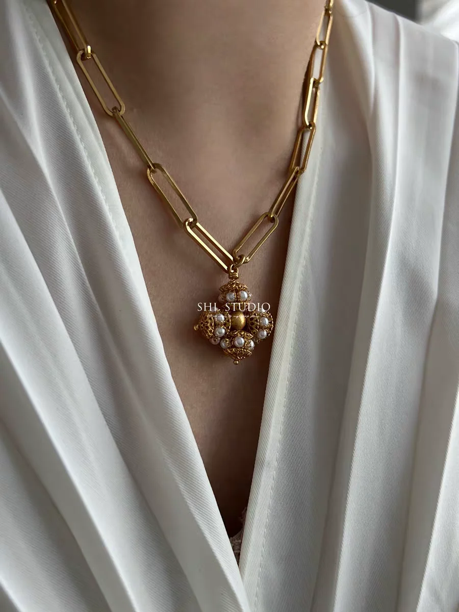 Brass Chunky Natural Beads Floral Pendant Necklace Women Jewelry Punk Designer Runway Rare Gown Boho Japan Korean image 3