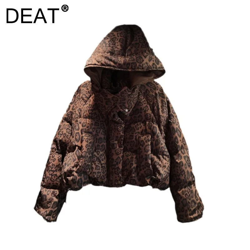 DEAT Women\'s Coat Cotton-padded Leopard Printed Brown Hooded Drawstring Thick Warm Jackets 2024 Winter New Fashion 29L8922